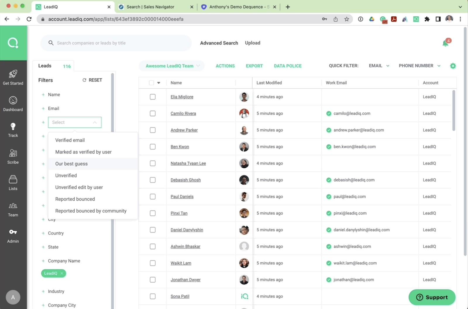 A screenshot of LeadIQ sales intelligence software