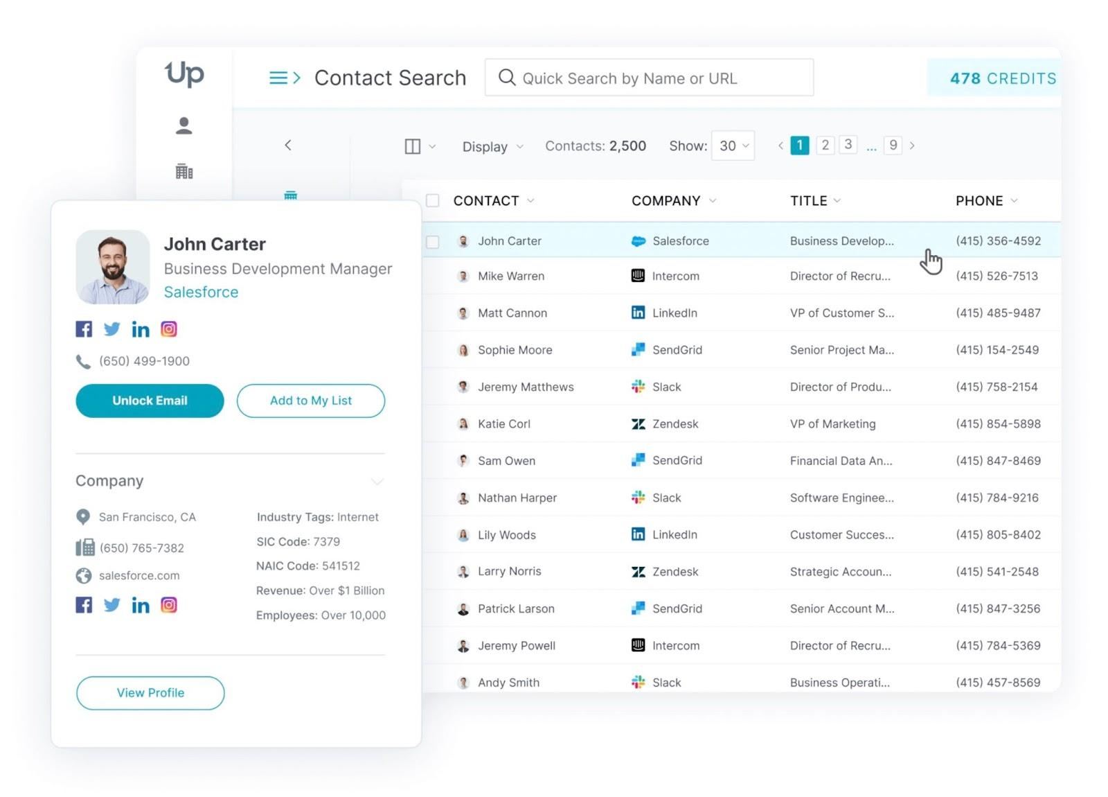 a screenshot of UpLead sales prospecting and automation tool