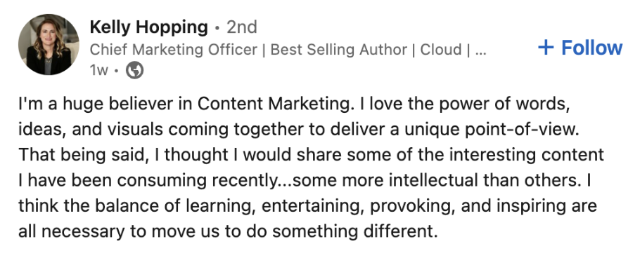 Screenshot of a LinkedIn post from Kelly Hopping about interesting content she's consumed lately