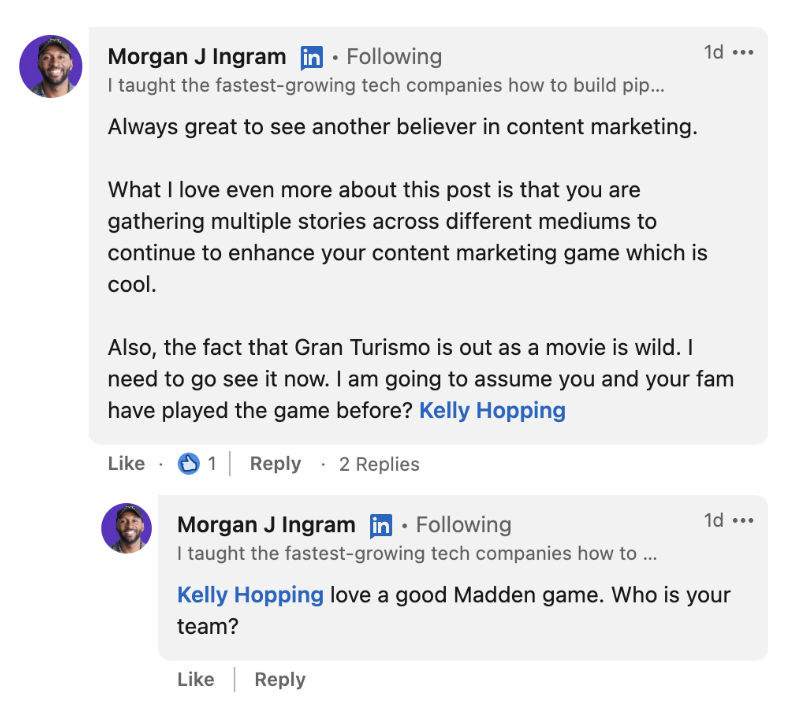 Screenshot of a LinkedIn post from Morgan J Ingram comment on Kelly Hopping's post about interesting content she's consumed lately