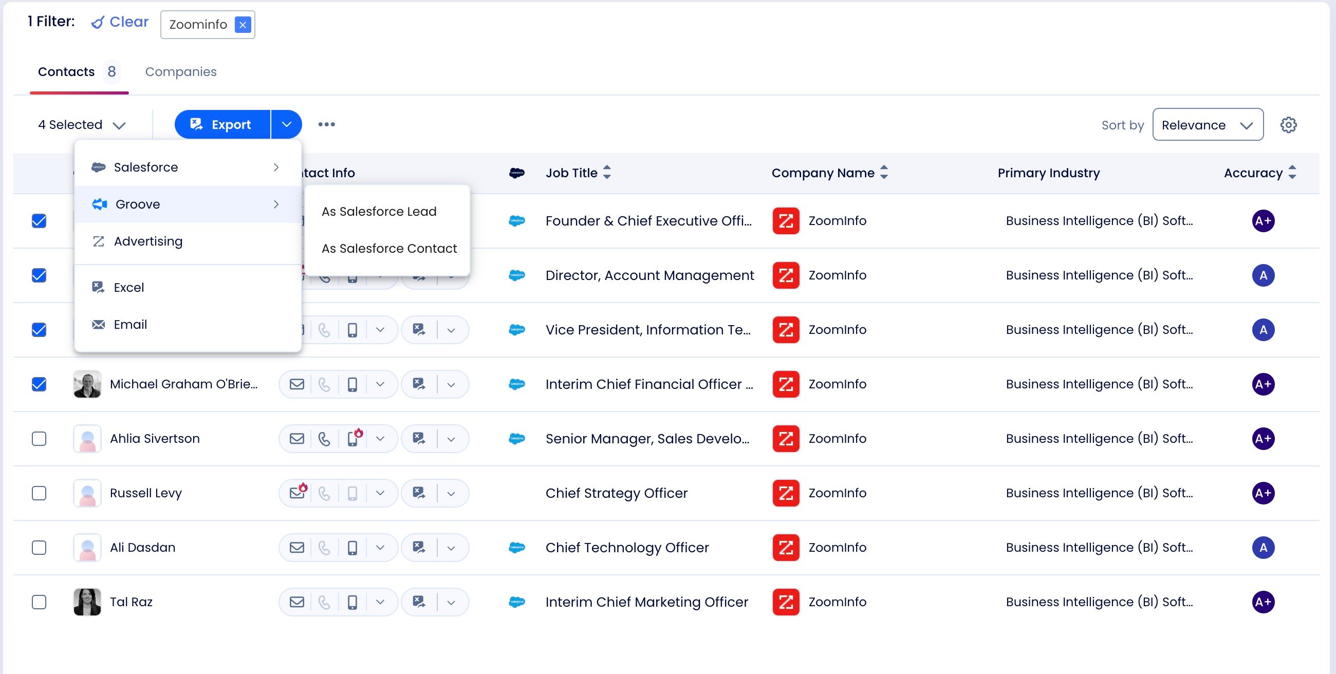 Add contacts from ZoomInfo directly to Groove Flows