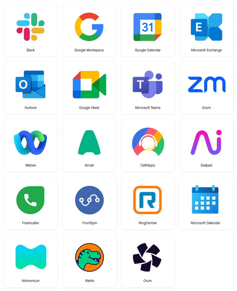 Company logos of Slack, Google Workspace, Google Calendar, Microsoft Exchange, Outlook, BlueJeans, Google Meet, Microsoft Teams, Zoom, Webex, Aircall, CallHippo, Dialpad, Freshcaller, FrontSpin, RingCentral, Microsoft Calendar, Momentum, Rattle, Orum